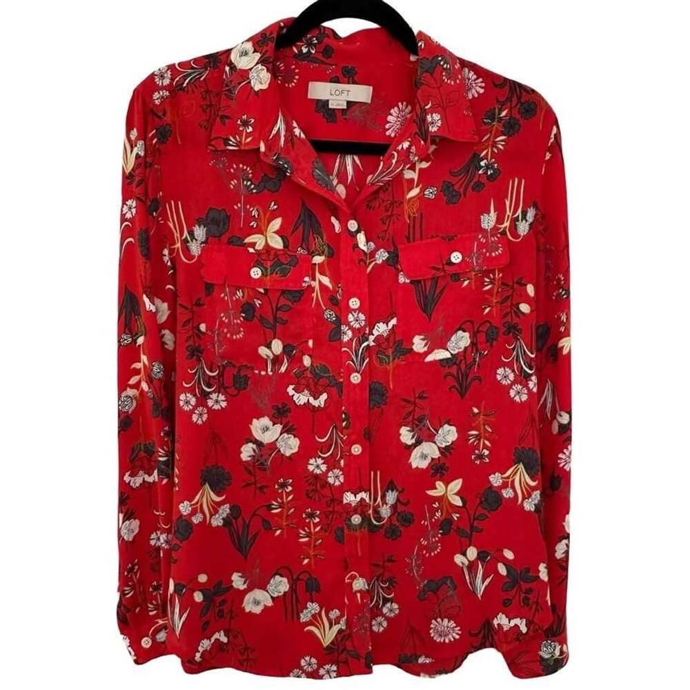 Loft Blouse Size M Red Floral Button Up Pocket Long Sleeve